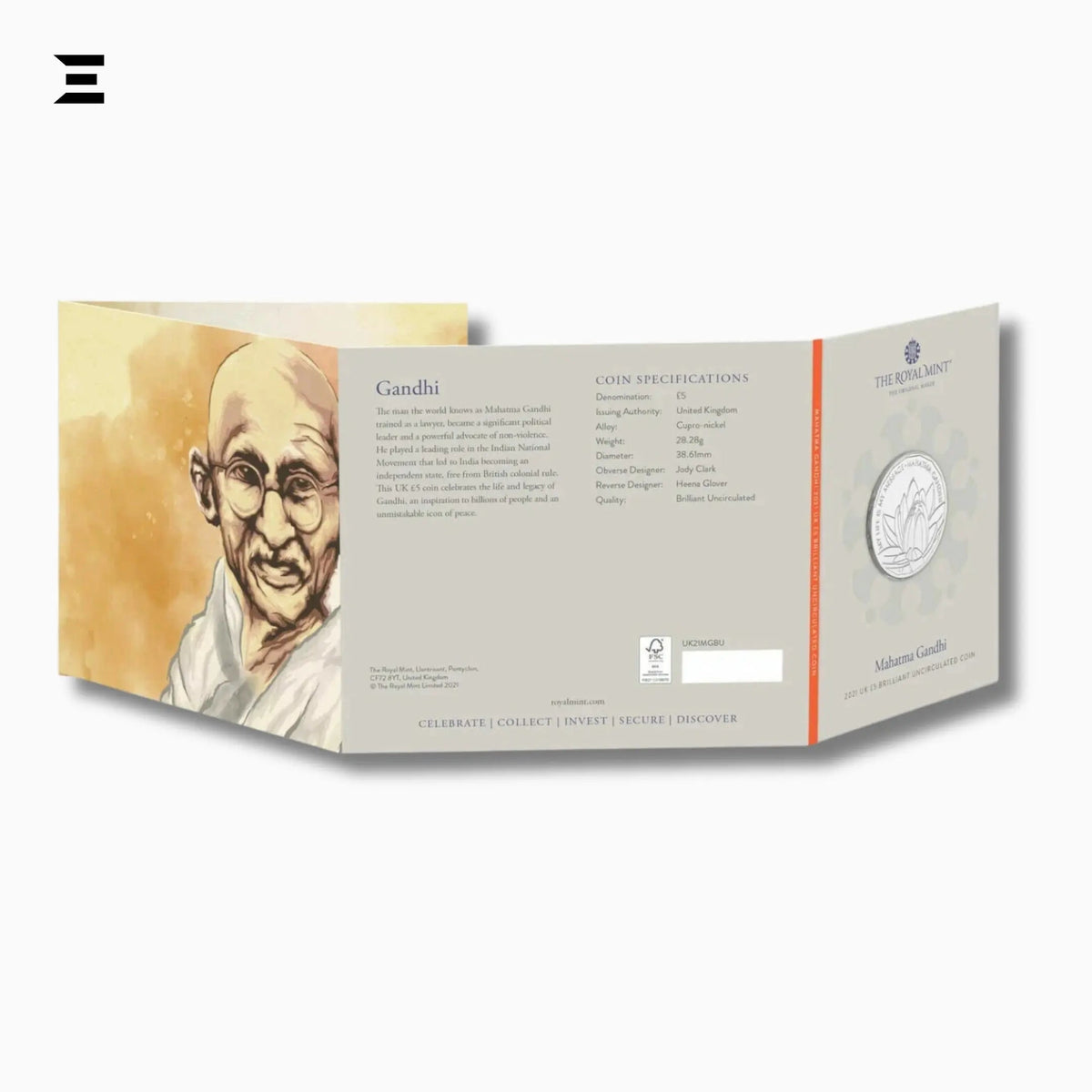 2021 Royal Mint Mahatma Gandhi Commemorative £5 Coin with Original Folder - IBRELIA