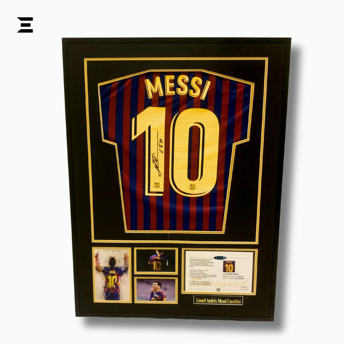 Lionel Messi “Signed” Barcelona Gold Edition Jersey Frame – Facsimile Autograph | Metal & Acrylic Display 23.5 × 31.5 in | IBRELIA™ - IBRELIA