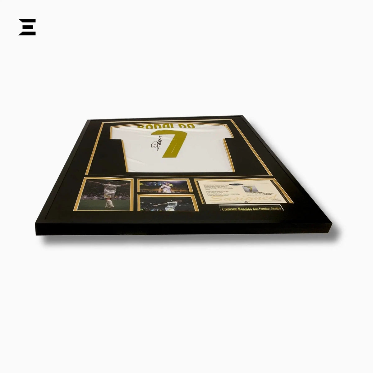 Cristiano Ronaldo “Signed” Real Madrid Gold Edition Jersey Frame – Facsimile Autograph | Metal & Acrylic Display 23.5 × 31.5 in | IBRELIA™ - IBRELIA