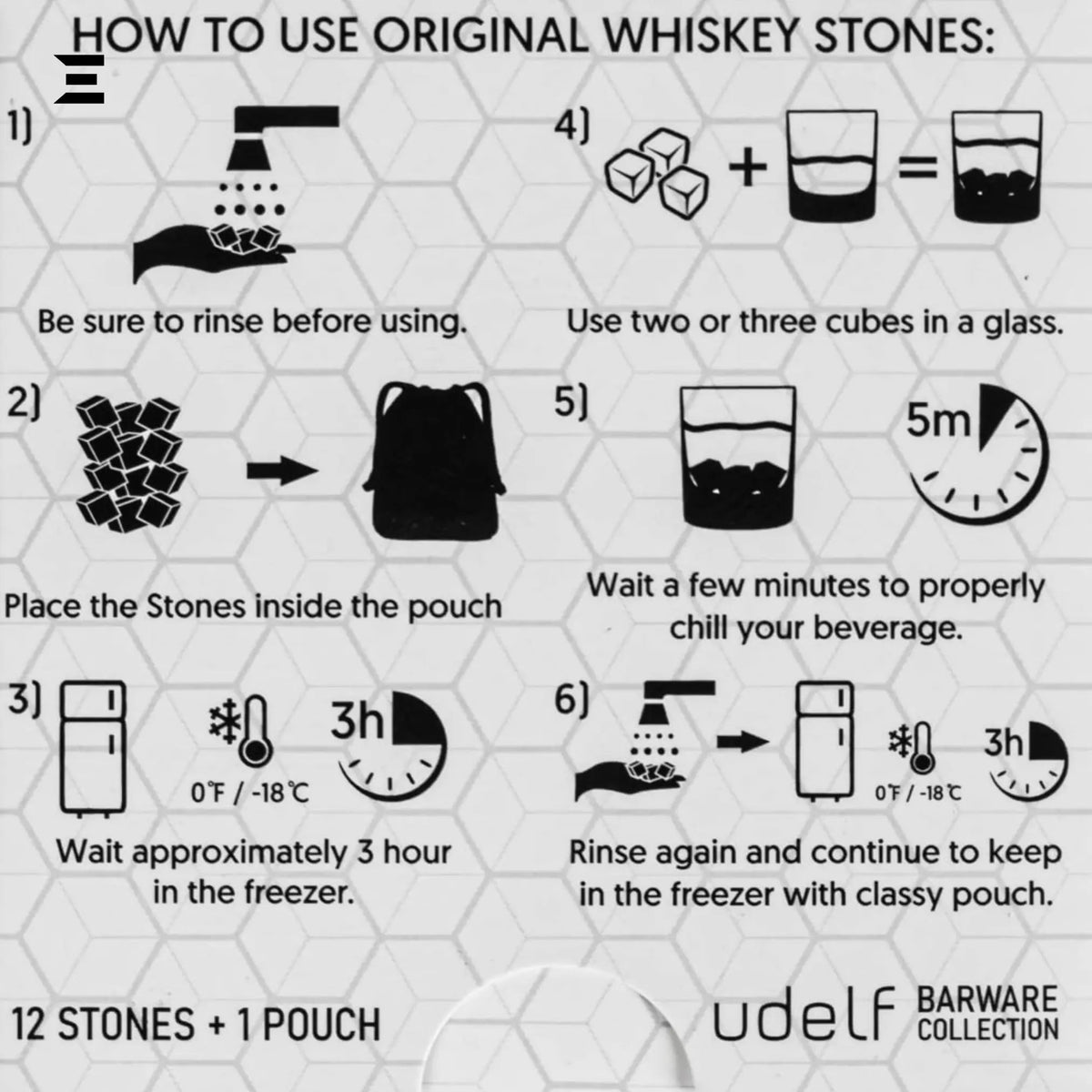Hediyesepeti Whiskey Stones Set – 12 Marble Ice Cubes with Gift Box & Fabric Bag (Grey) - IBRELIA