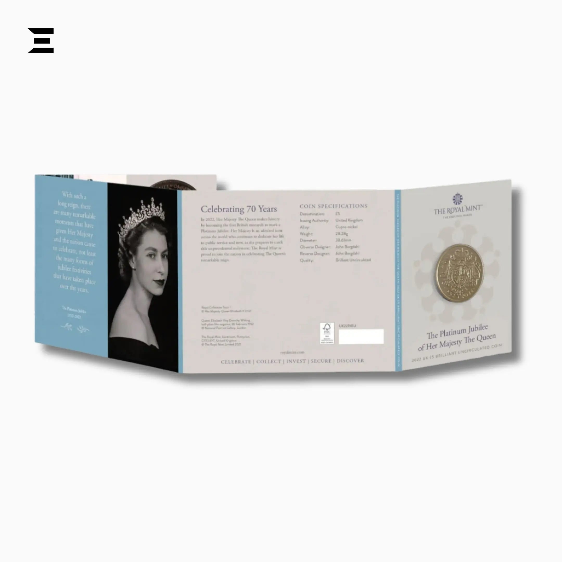 2022 Royal Mint £5 Brilliant Uncirculated Coin – The Queen’s Platinum Jubilee 70 Years - IBRELIA