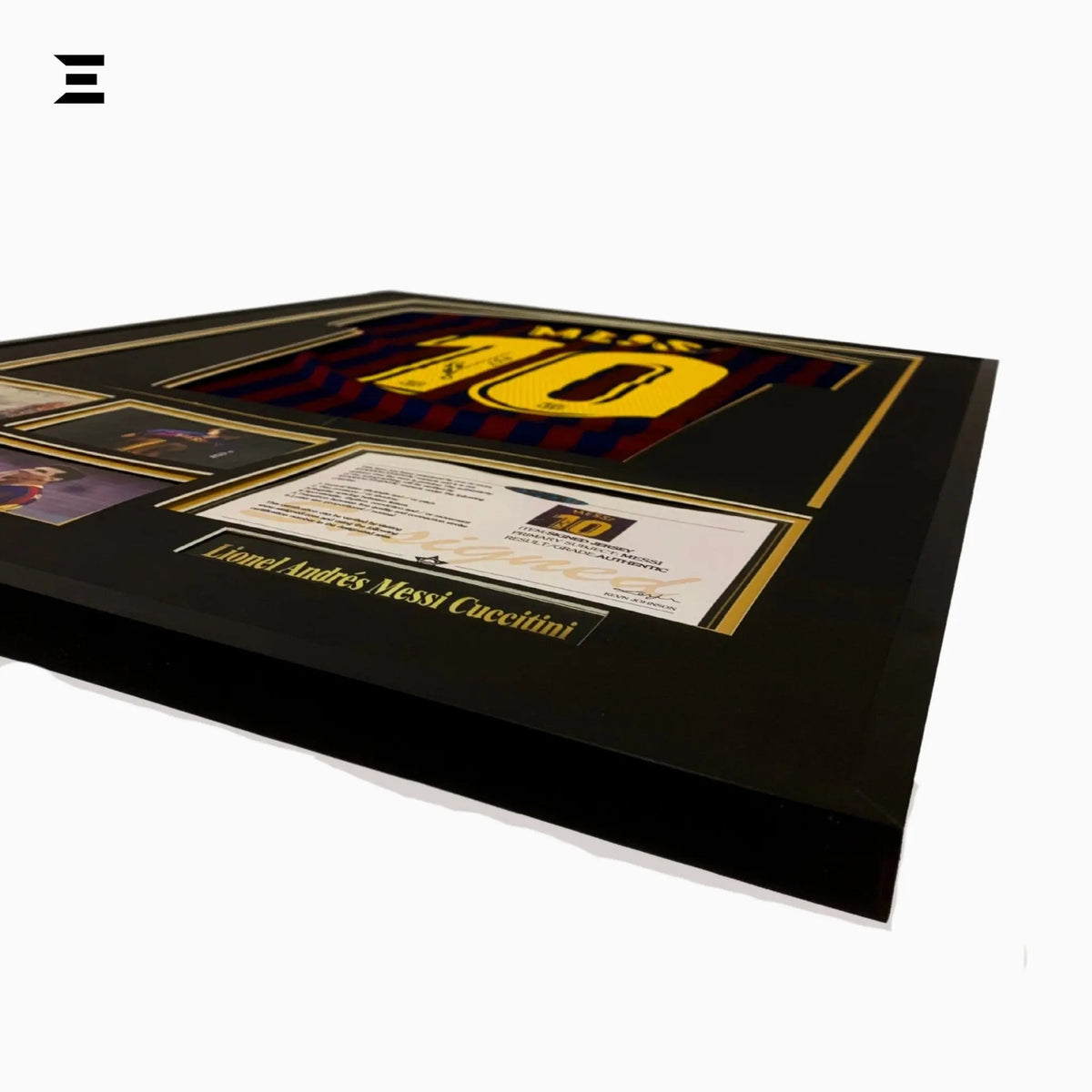 Lionel Messi “Signed” Barcelona Gold Edition Jersey Frame – Facsimile Autograph | Metal & Acrylic Display 23.5 × 31.5 in | IBRELIA™ - IBRELIA