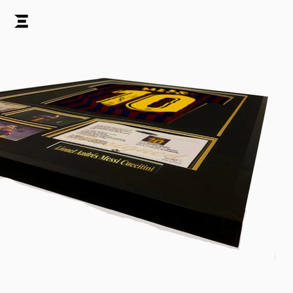 Lionel Messi “Signed” Barcelona Gold Edition Jersey Frame – Facsimile Autograph | Metal & Acrylic Display 23.5 × 31.5 in | IBRELIA™ - IBRELIA