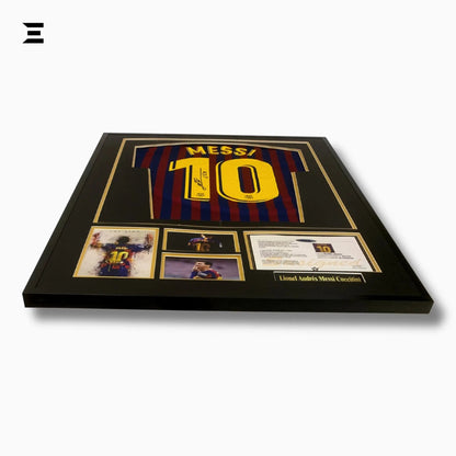 Lionel Messi “Signed” Barcelona Gold Edition Jersey Frame – Facsimile Autograph | Metal & Acrylic Display 23.5 × 31.5 in | IBRELIA™ - IBRELIA