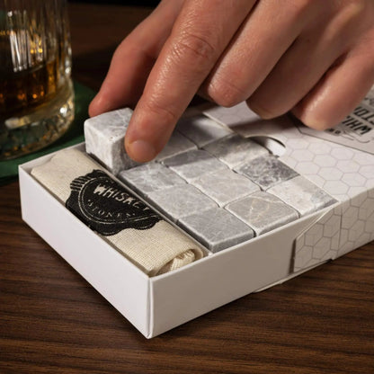Hediyesepeti Whiskey Stones Set – 12 Marble Ice Cubes with Gift Box & Fabric Bag (Grey) - IBRELIA