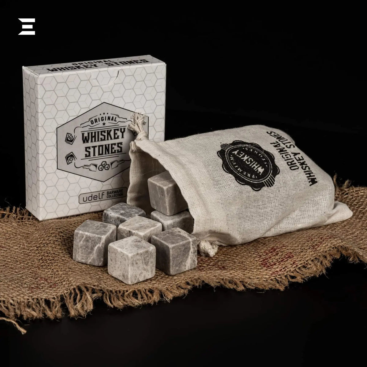 Hediyesepeti Whiskey Stones Set – 12 Marble Ice Cubes with Gift Box & Fabric Bag (Grey) - IBRELIA