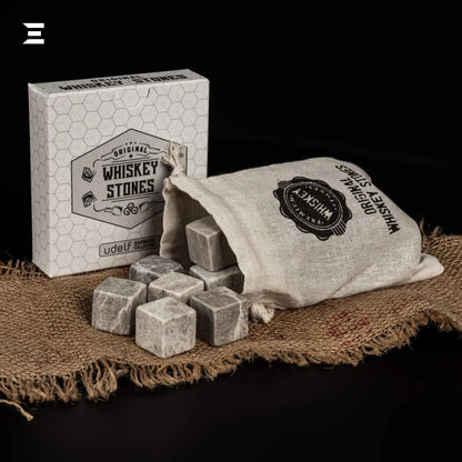 Hediyesepeti Whiskey Stones Set – 12 Marble Ice Cubes with Gift Box & Fabric Bag (Grey) - IBRELIA