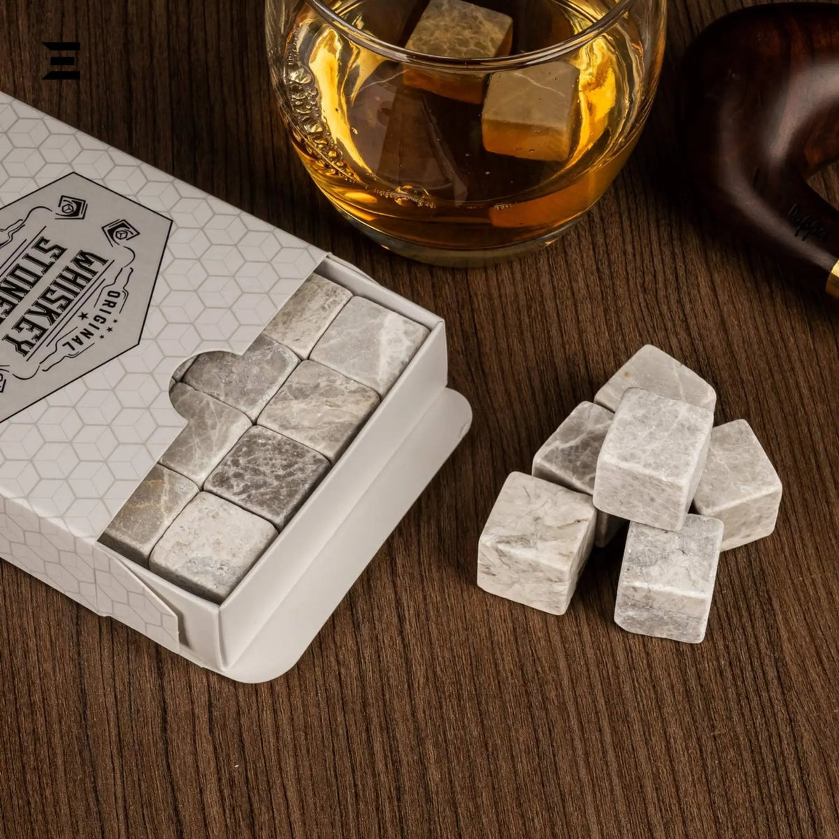 Hediyesepeti Whiskey Stones Set – 12 Marble Ice Cubes with Gift Box & Fabric Bag (Grey) - IBRELIA