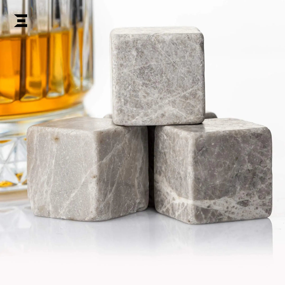 Hediyesepeti Whiskey Stones Set – 12 Marble Ice Cubes with Gift Box & Fabric Bag (Grey) - IBRELIA